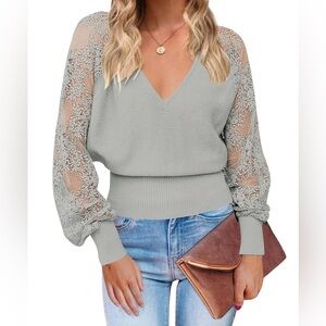 ZESICA V NECK LACE PATCHWORK LONG SLEEVE KNIT SWEATER Maroon Size XL NWT